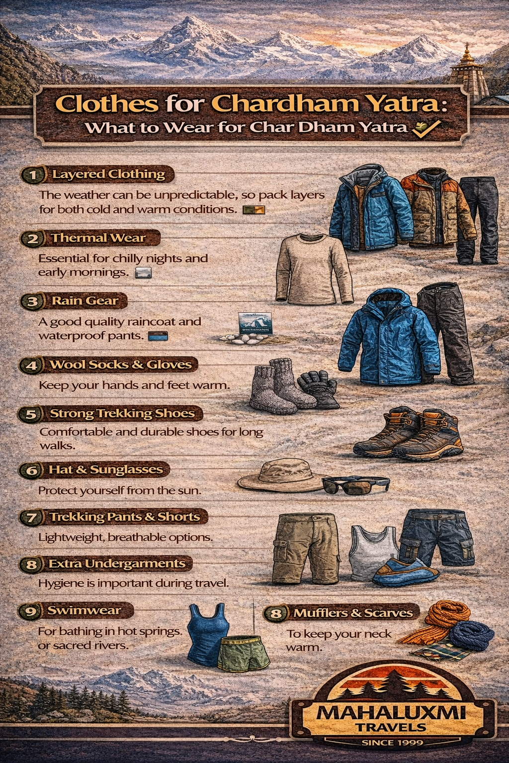 🥾Clothes for Chardham Yatra : What to wear for char dham yatra

Layered clothing: The weather can be unpredictable, so pack layers for both cold and warm conditions.

Thermal Wear: Essential for chilly nights and early mornings.

Rain gear: A good quality raincoat and waterproof pants.

Wool socks and gloves: Keep your hands and feet warm.

Strong Trekking Shoes for chardham yatra: Comfortable and durable shoes for long walks.

Hat and sunglasses: Protect yourself from the sun.

Trekking pants and shorts: Lightweight, breathable options.

Extra undergarments: Hygiene is important during travel.

Swimwear: For bathing in hot springs or sacred rivers.

Mufflers and scarves: To keep your neck warm.