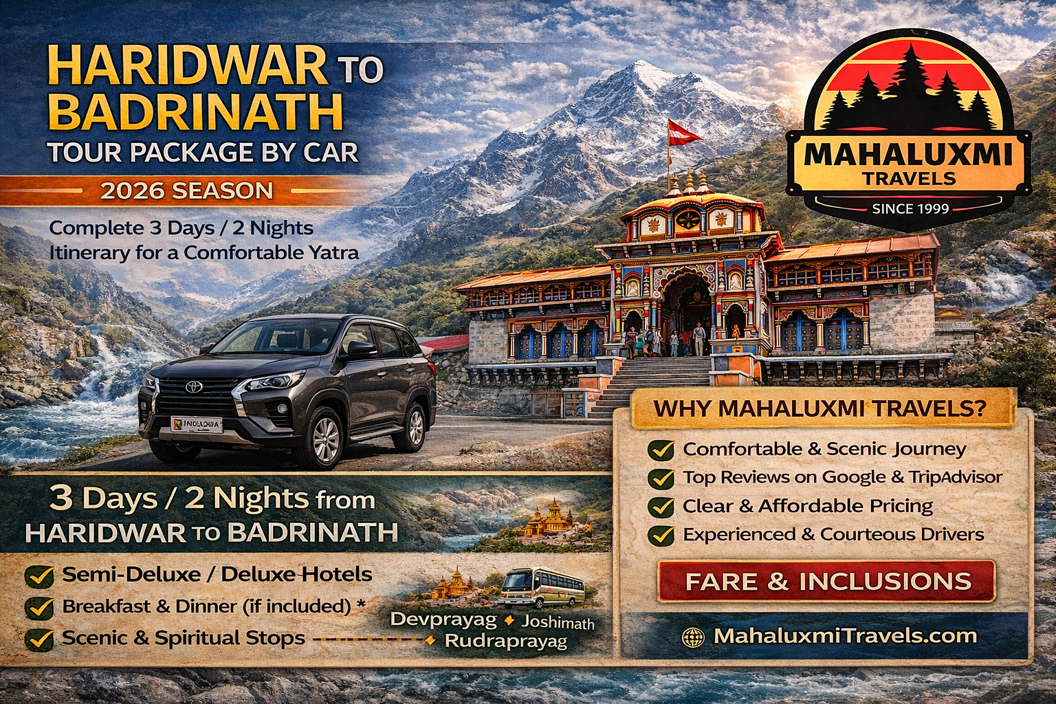 haridwar to badrinath tour package by car 2026 mahaluxmi travels 3 days 2 nights itinerary taxi package