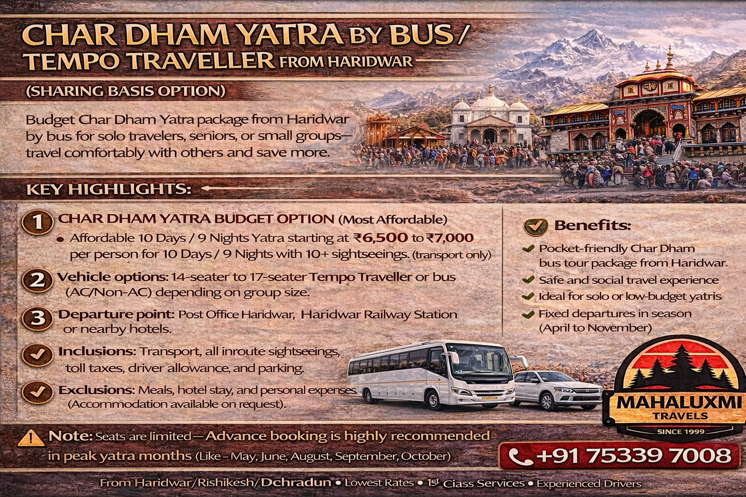 char dham yatra by bus from haridwar price 6500 to 7000 per person sharing tempo traveller package