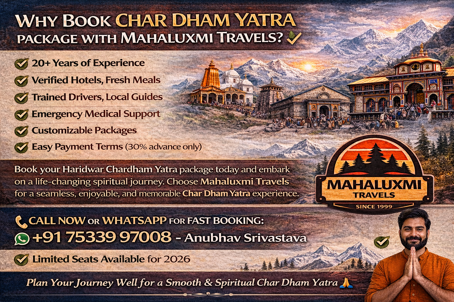 why book char dham yatra package mahaluxmi travels benefits 2026 haridwar tour package banner