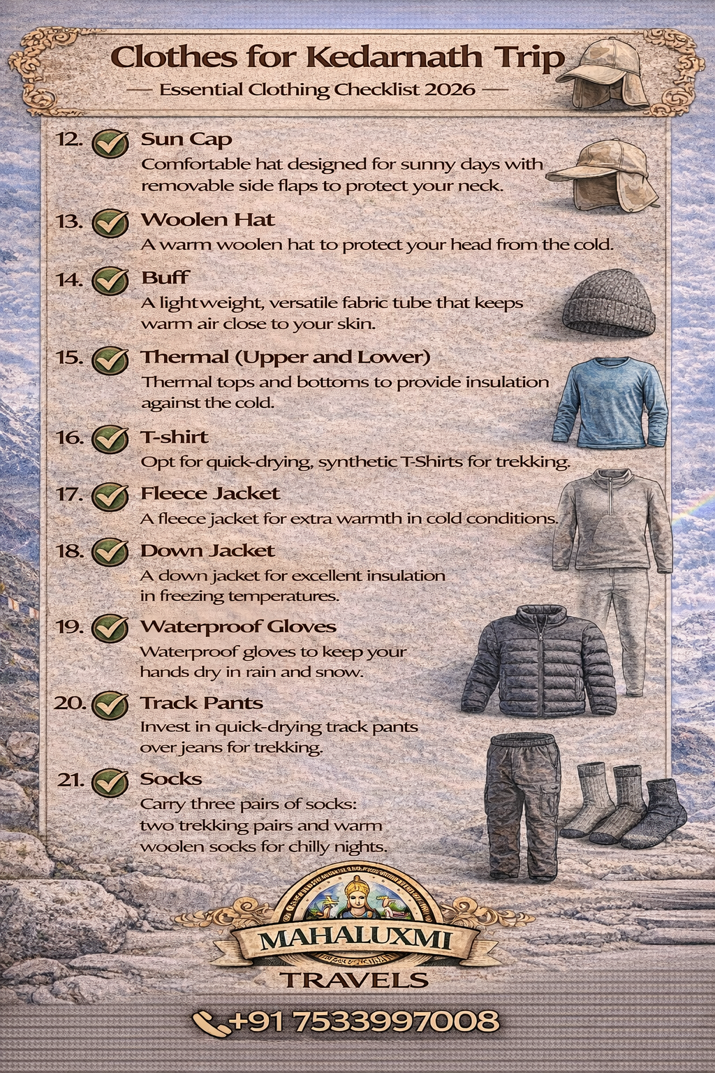 clothes for kedarnath trek packing list thermal jacket gloves socks trekking clothing