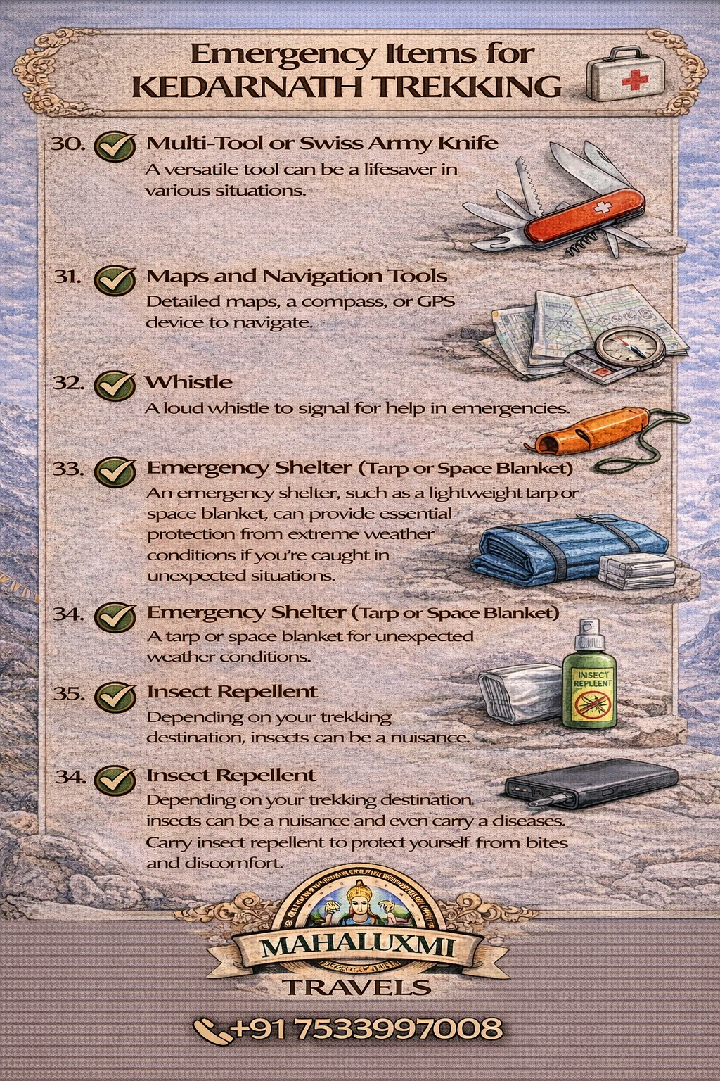 emergency items kedarnath trekking safety gear checklist whistle compass multi tool shelter