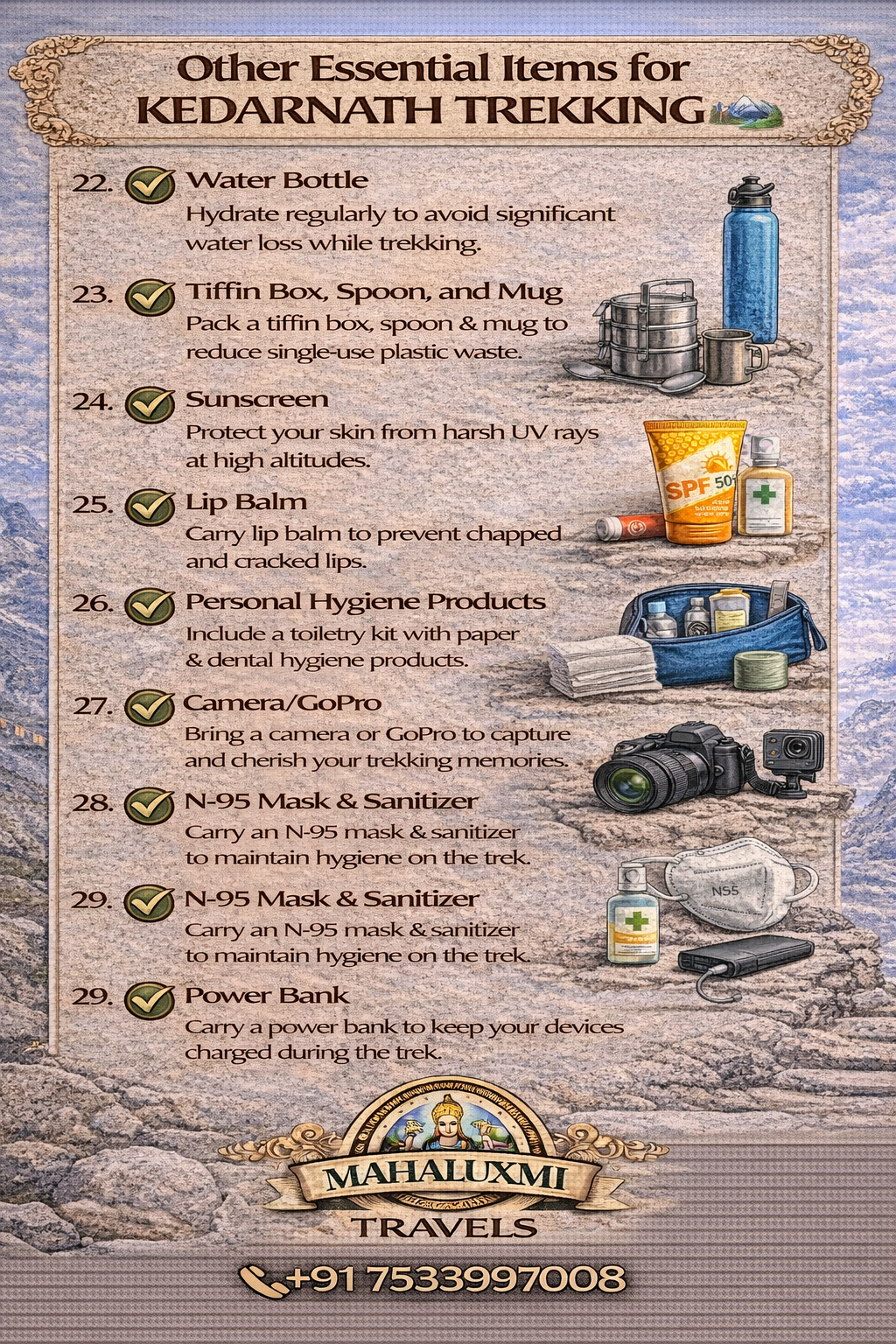 other essential items kedarnath trekking checklist water bottle sunscreen power bank hygiene items