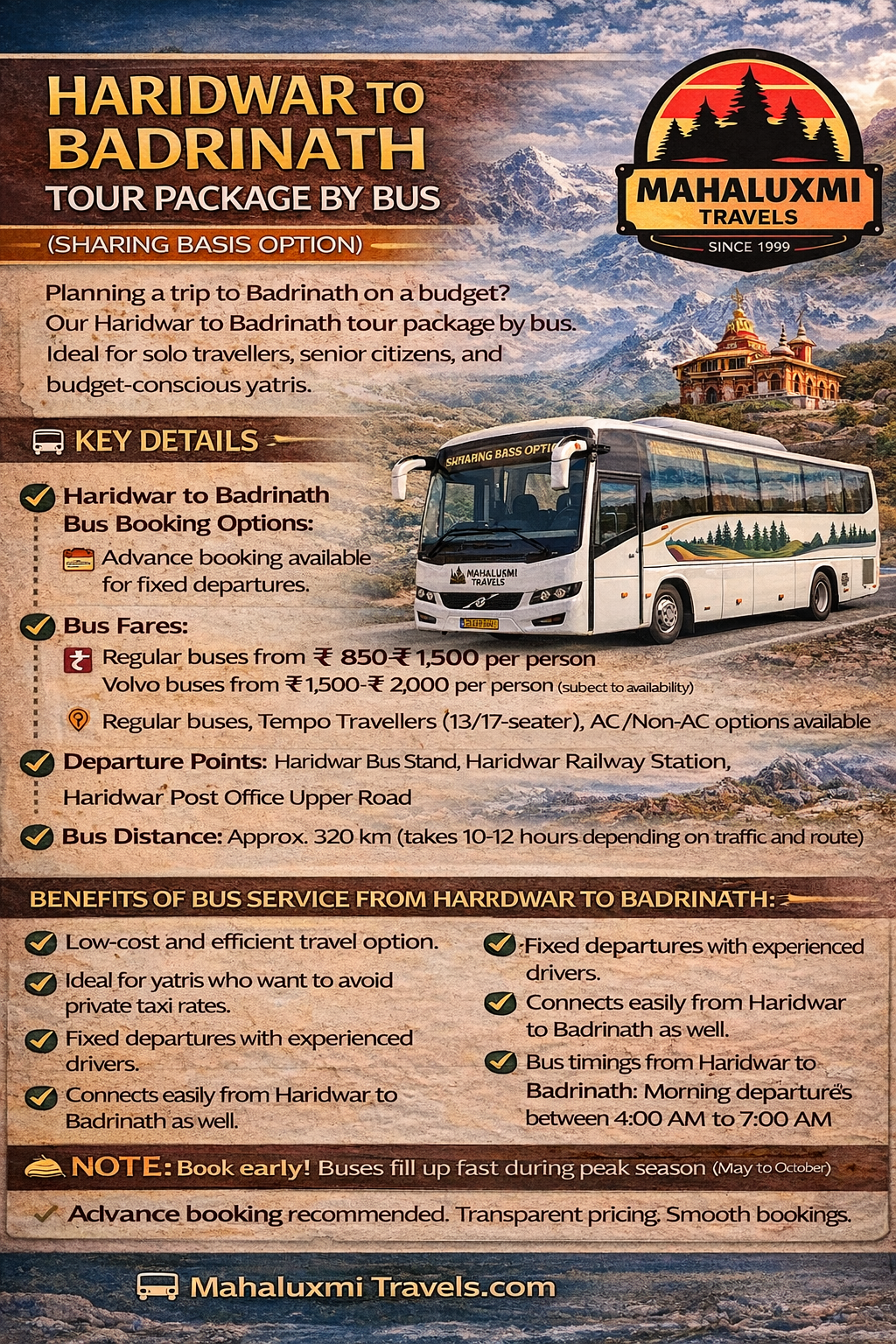 haridwar to badrinath bus tour package sharing basis 2026 fare timing booking mahaluxmi travels