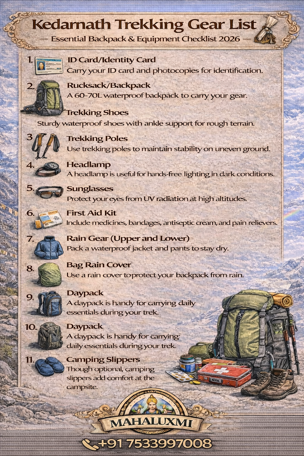 kedarnath trekking gear list backpack shoes poles first aid rain gear checklist
