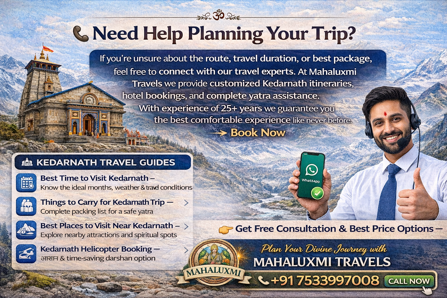 kedarnath yatra planning help mahaluxmi travels booking consultation taxi package contact 7533997008