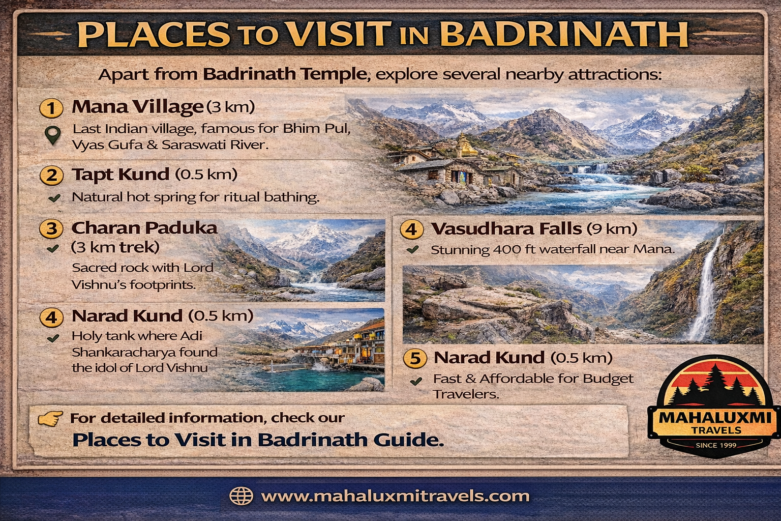 places to visit in badrinath including mana village tapt kund charan paduka vasudhara falls narad kund travel guide
