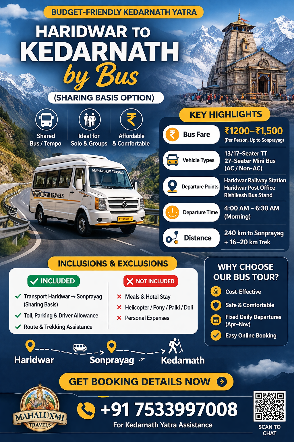 haridwar to kedarnath bus sharing package price sonprayag bus fare tempo traveller route guide