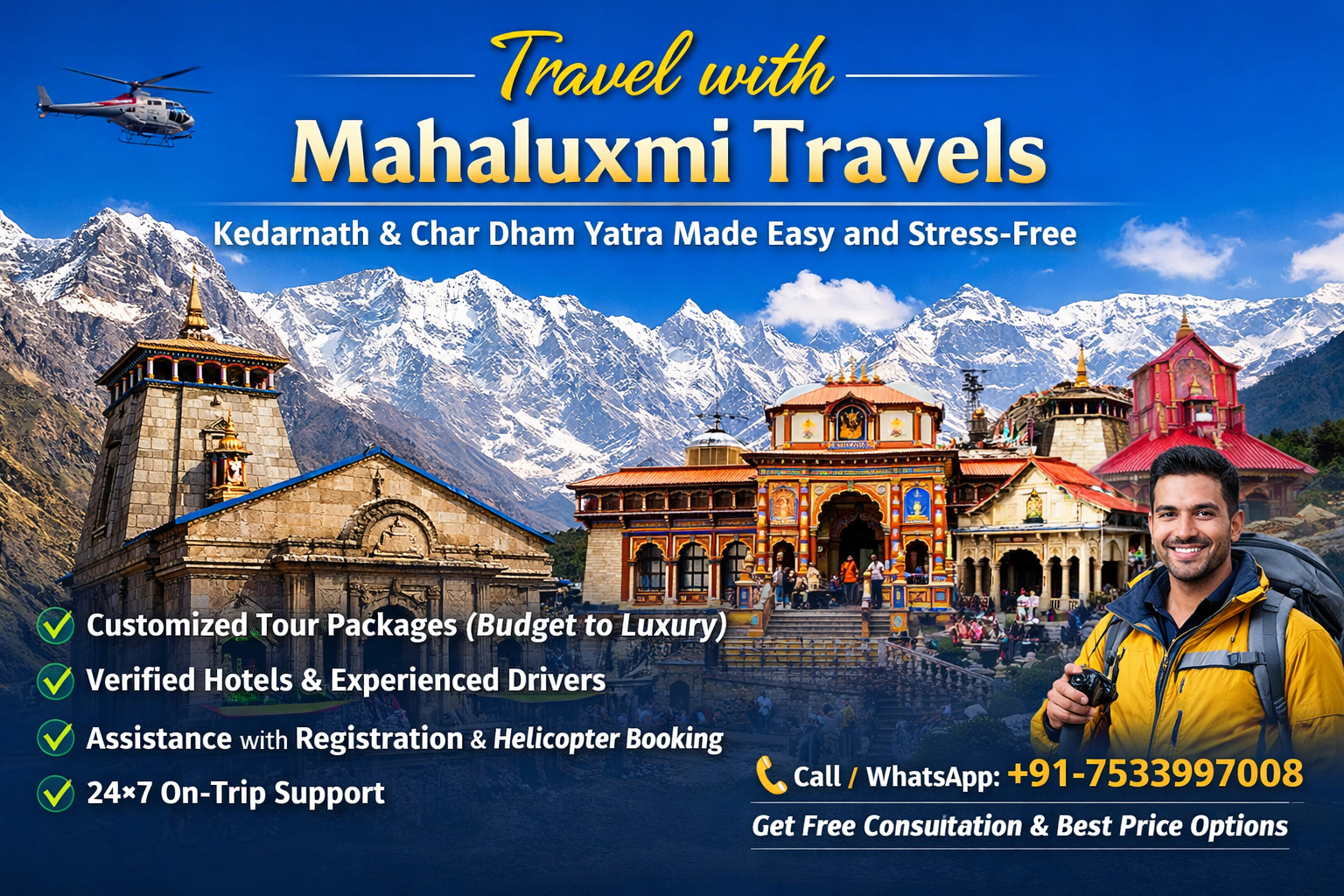 Mahaluxmi Travels Kedarnath and Char Dham Yatra package banner with temples, mountains and helicopter service