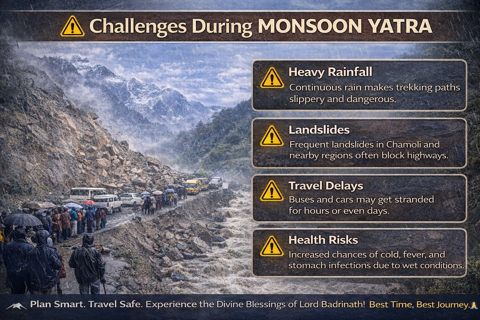 chardham yatra monsoon challenges landslides heavy rainfall travel delays health risks badrinath route