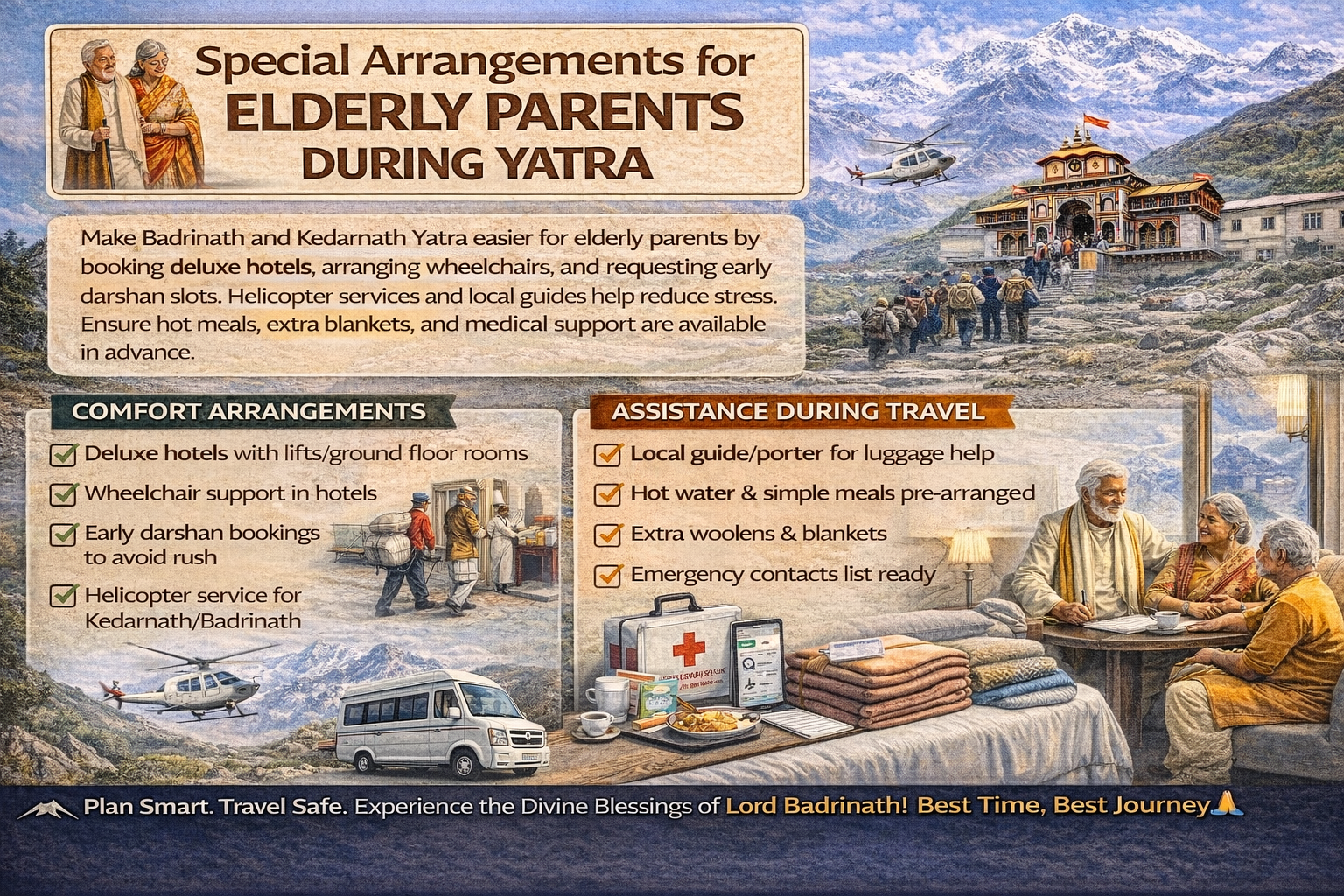 special arrangements for elderly parents char dham yatra badrinath kedarnath wheelchair helicopter service tips
